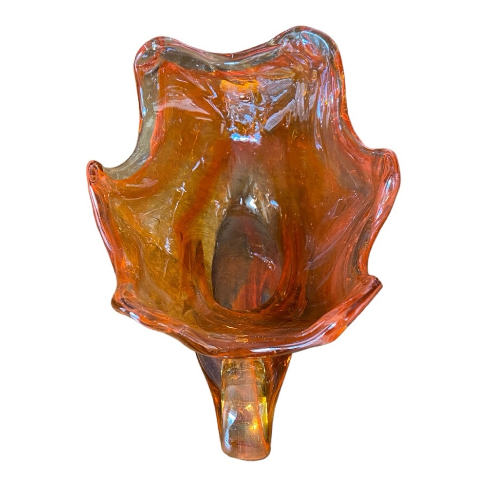 Vintage MCM Orange Art Glass Dish Scalloped Snail Tail Handle Murano Style